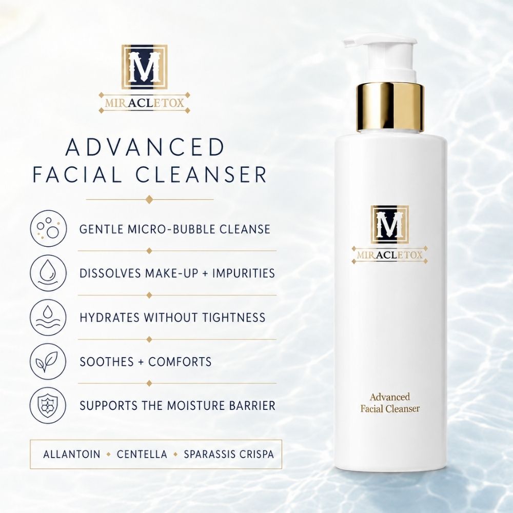 MiracleTox Advanced Facial Cleanser in a white pump bottle with a gold collar, shown next to a detailed product feature list on a light blue water-textured background.