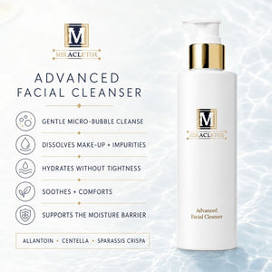 MiracleTox Advanced Facial Cleanser in a white pump bottle with a gold collar, shown next to a detailed product feature list on a light blue water-textured background.