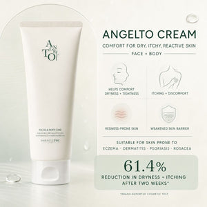 Angelto Cream facial and body care tube in white, shown next to product benefits text on a clean off-white background with water droplets.