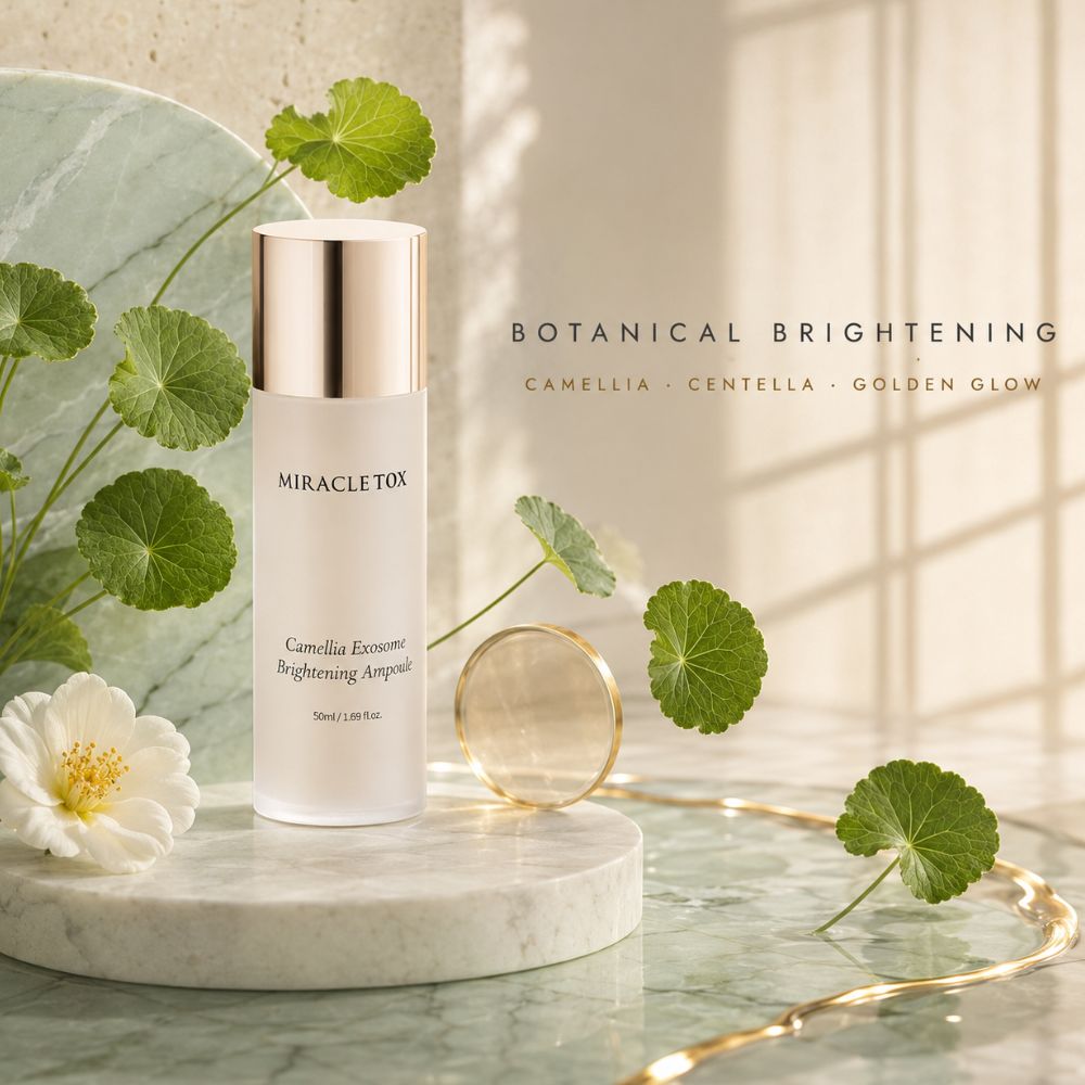 Miracletox Camellia Exosome Brightening Ampoule in a frosted white bottle with a metallic gold cap, styled on a marble pedestal with green centella leaves and a camelia flower against a warm beige background with text overlay.