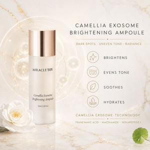 Miracletox Camellia Exosome Brightening Ampoule shown on a light marble-style background with decorative text listing benefits: brightens, evens tone, soothes, and hydrates.