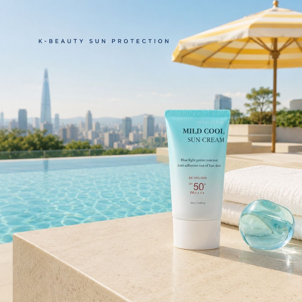 A tube of K-Beauty Mild Cool Sun Cream is displayed on a stone ledge next to a pool with a city skyline background, a yellow-striped umbrella, and a folded white towel.