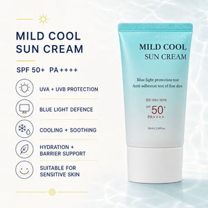 Miracleton Mild Cool Sun Cream SPF 50+ PA++++ in a light blue and white squeeze tube, shown on a clean white background with feature icons and text highlighting blue light protection, cooling, and suitability for sensitive skin.