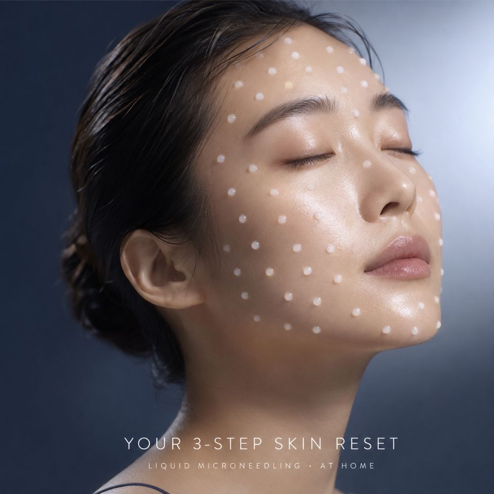 Close-up of a woman with closed eyes and miracletox perfection one time facial liquid microneedling dots applied to her face, against a dark blue-gray background. Text at the bottom reads 'YOUR 3-STEP SKIN RESET' and 'LIQUID MICRONEEDLING - AT HOME'.