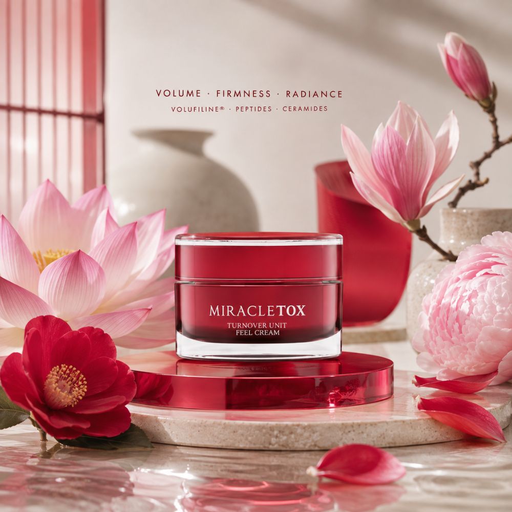 Miracletox Turnover Unit feel Cream in a red jar, styled on a marble slab with pink and red flowers in a warm, elegant setting.