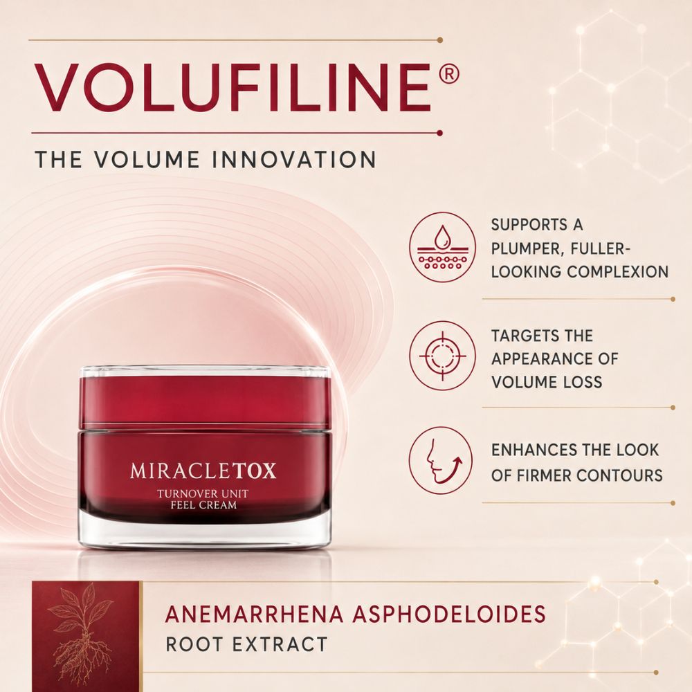 Volufiline Miracletox Turnover Unit Feel Cream in a dark red jar, presented on a light beige background with product benefits and text callouts.