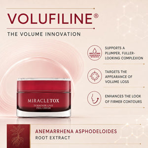 Volufiline Miracletox Turnover Unit Feel Cream in a dark red jar, presented on a light beige background with product benefits and text callouts.