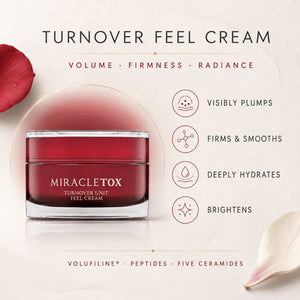 Miracletox Turnover Unit Feel Cream in a clear glass jar with a deep red lid, set against a warm beige background with decorative rose petals and product benefits text.