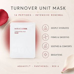 Miracletox Turnover Unit Mask sachet shown on a soft beige background with decorative flower petals and text highlighting key benefits: deeply hydrates, firms and smooths, soothes and comforts, and brightens.