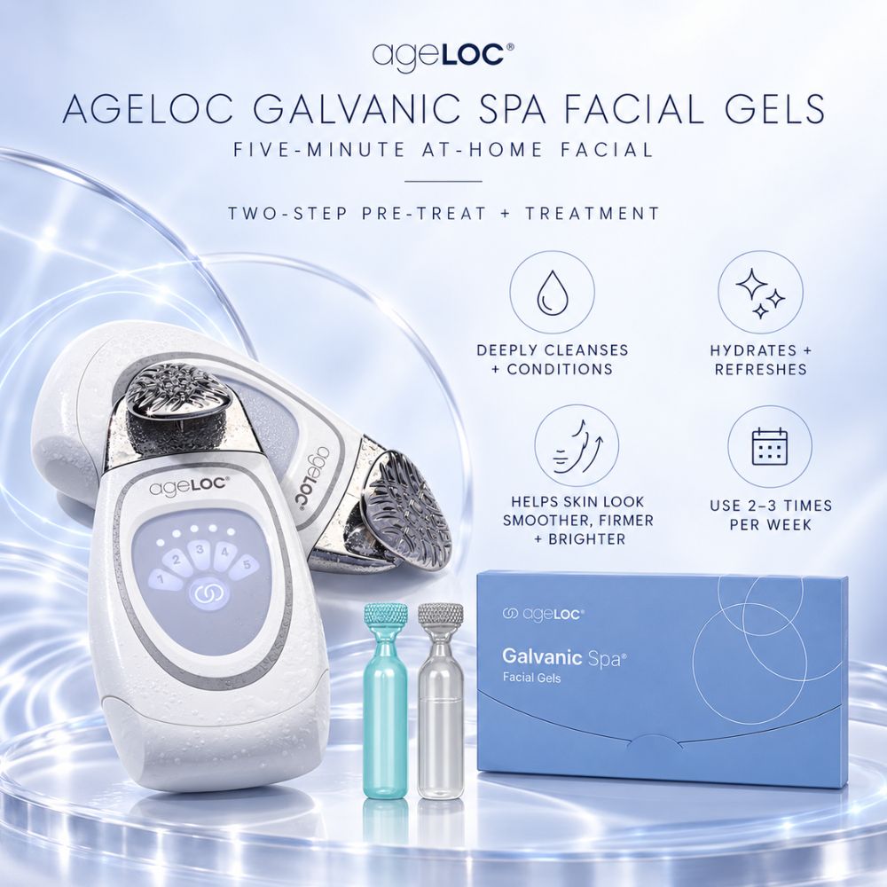 Nu Skin AgeLoc Galvanic Spa Facial Gels kit featuring a white and silver handheld device, two small gel vials, and a blue box, set against a glowing light blue background with product benefits listed on the right.