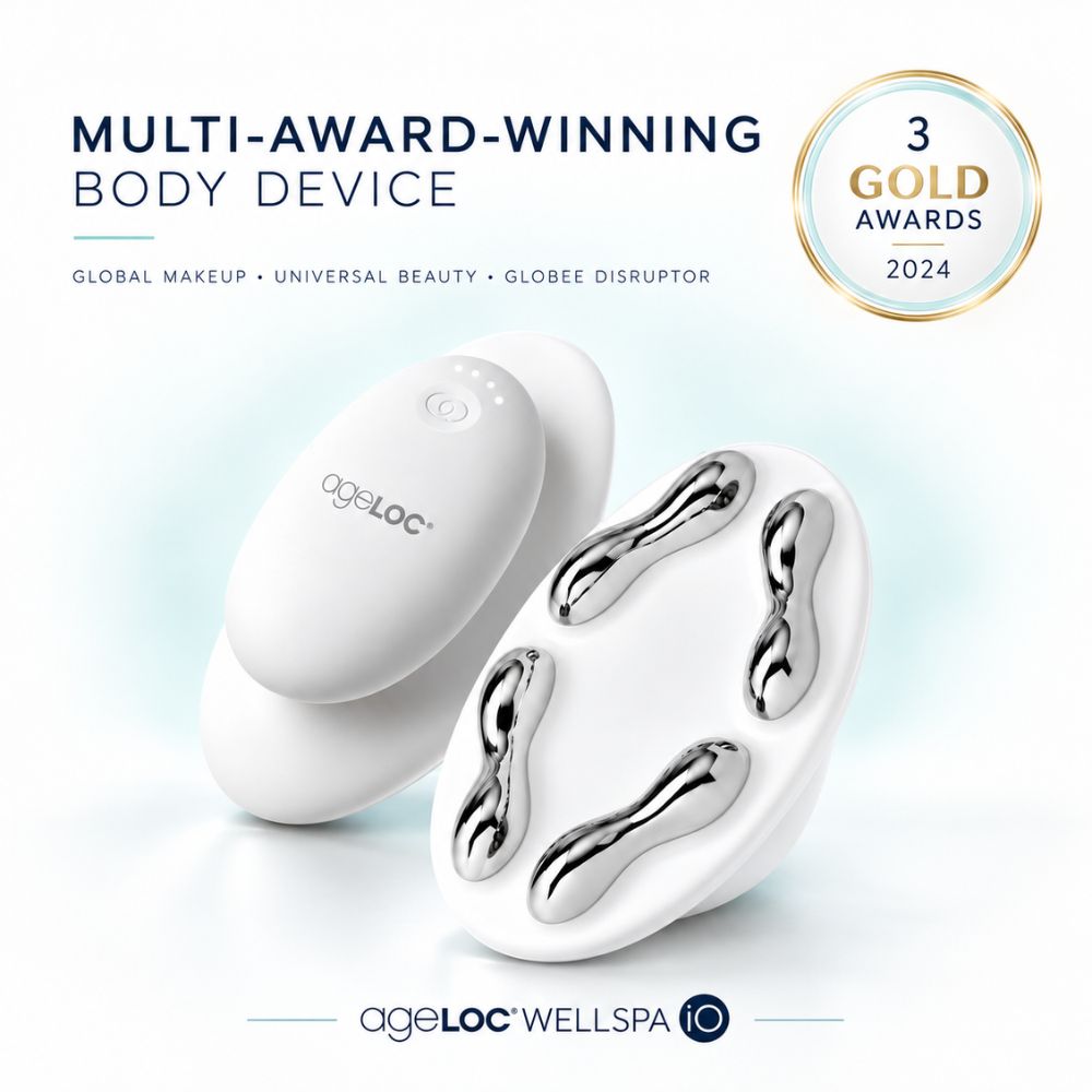 Two ageLOC WellSpa 10 body device massagers on a clean white background with promotional text and a gold 3-golden-award badge. One device is shown closed in white, and the other is open showing four silver silicone massage rollers.