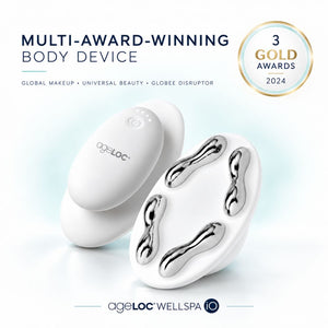 Two ageLOC WellSpa 10 body device massagers on a clean white background with promotional text and a gold 3-golden-award badge. One device is shown closed in white, and the other is open showing four silver silicone massage rollers.