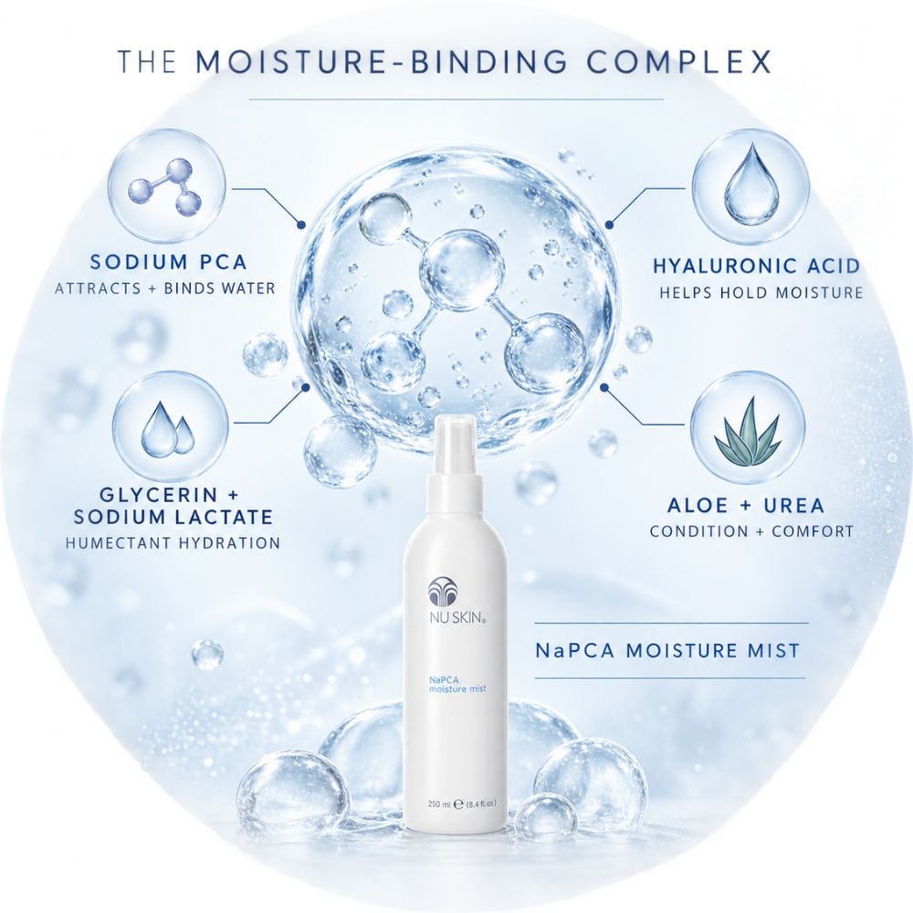 Nuskin NaPCA Moisture Mist bottle centered on a light blue circular graphic with water droplets and text explaining skin-hydrating ingredients.