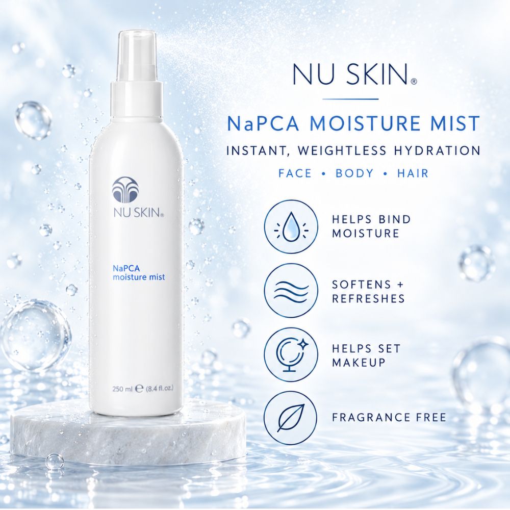 NU SKIN NaPCA Moisture Mist bottle on a white marble pedestal against a water-themed background with text highlighting benefits: helps bind moisture, softens and refreshes, helps set makeup, and is fragrance free.