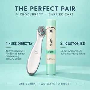 A promotional graphic showing a silver and white AgeLOC Boost microcurrent facial device next to a mint green and white pump bottle labeled 'PUMPS' by Nutricentials. The image includes text overlays explaining how to use and customize the product with ageLOC Boost and ageLOC Boost Activating Serum on a solid mint green background.