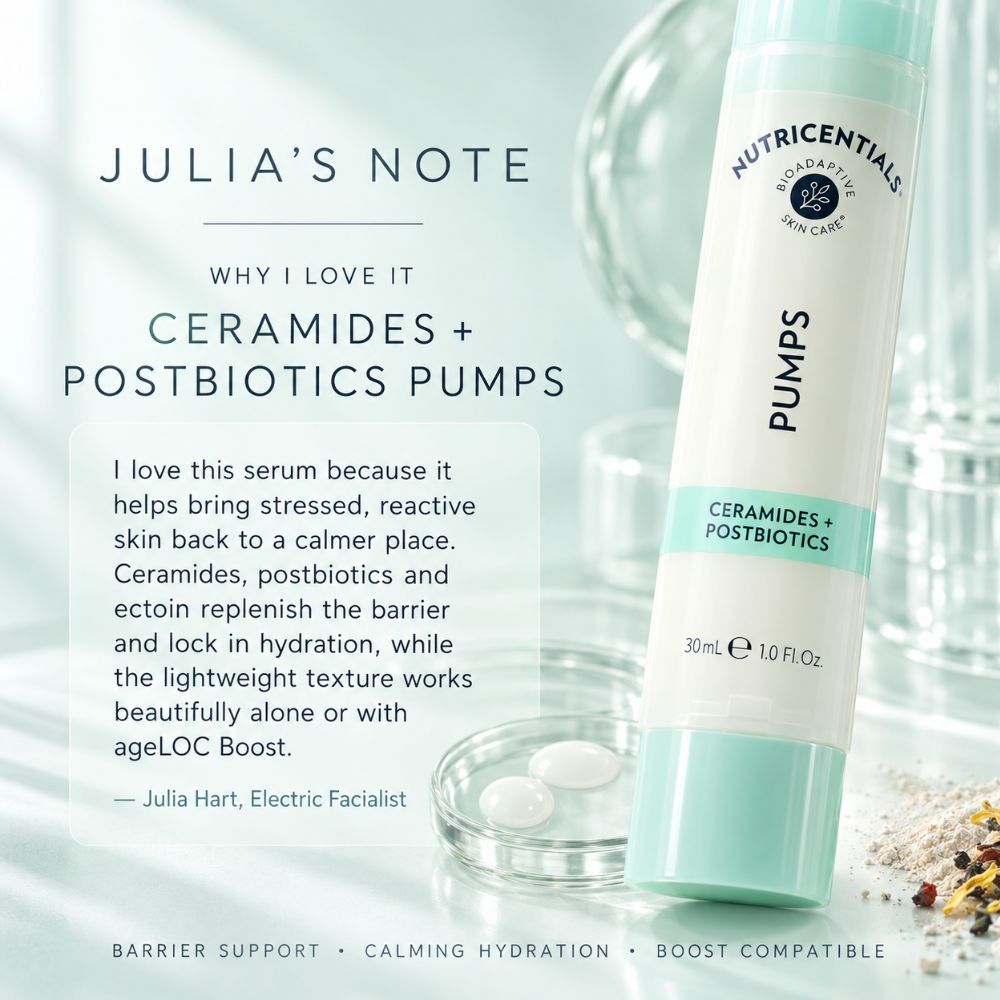 A 30 mL tube of Nu Skin Nutricentials Bioadaptive Skin Care 'Pumps' Ceramides + Postbiotics serum shown on a light blue background with promotional text and a glass bowl of serum drops.