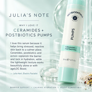 A 30 mL tube of Nu Skin Nutricentials Bioadaptive Skin Care 'Pumps' Ceramides + Postbiotics serum shown on a light blue background with promotional text and a glass bowl of serum drops.