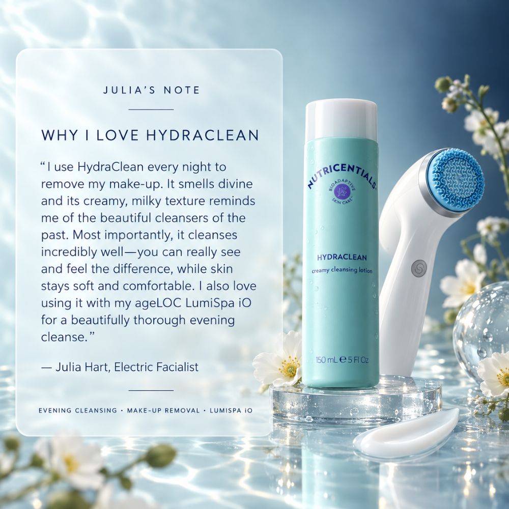 Nu Skin Nutricentials Hydraclean Bioadaptive Cream Cleanser. Beautiful Creamy/milk cleanser recommended by Electric Facialist Julia Hart.