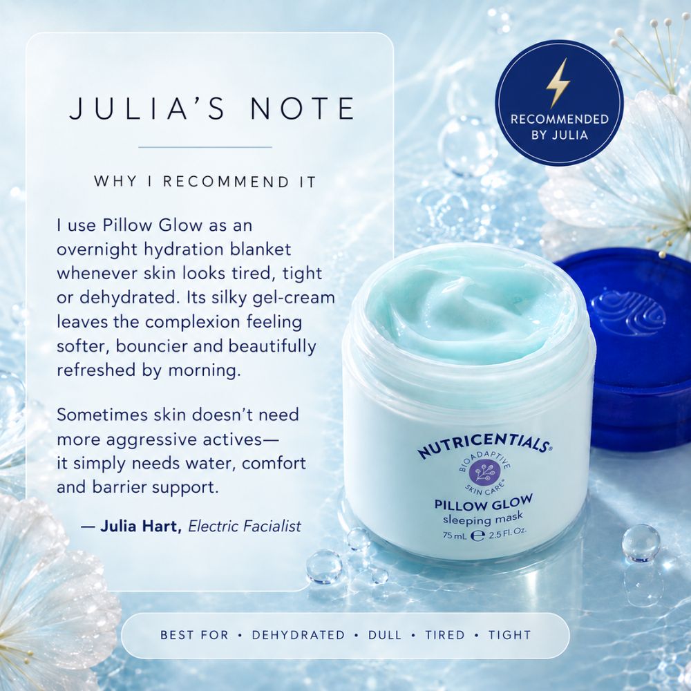 Nutricentials Pillow Glow sleeping mask jar shown in a styled promotional layout with a recommendation quote from Julia, a blue recommended badge, and a blue lid beside the open jar on a light icy background.