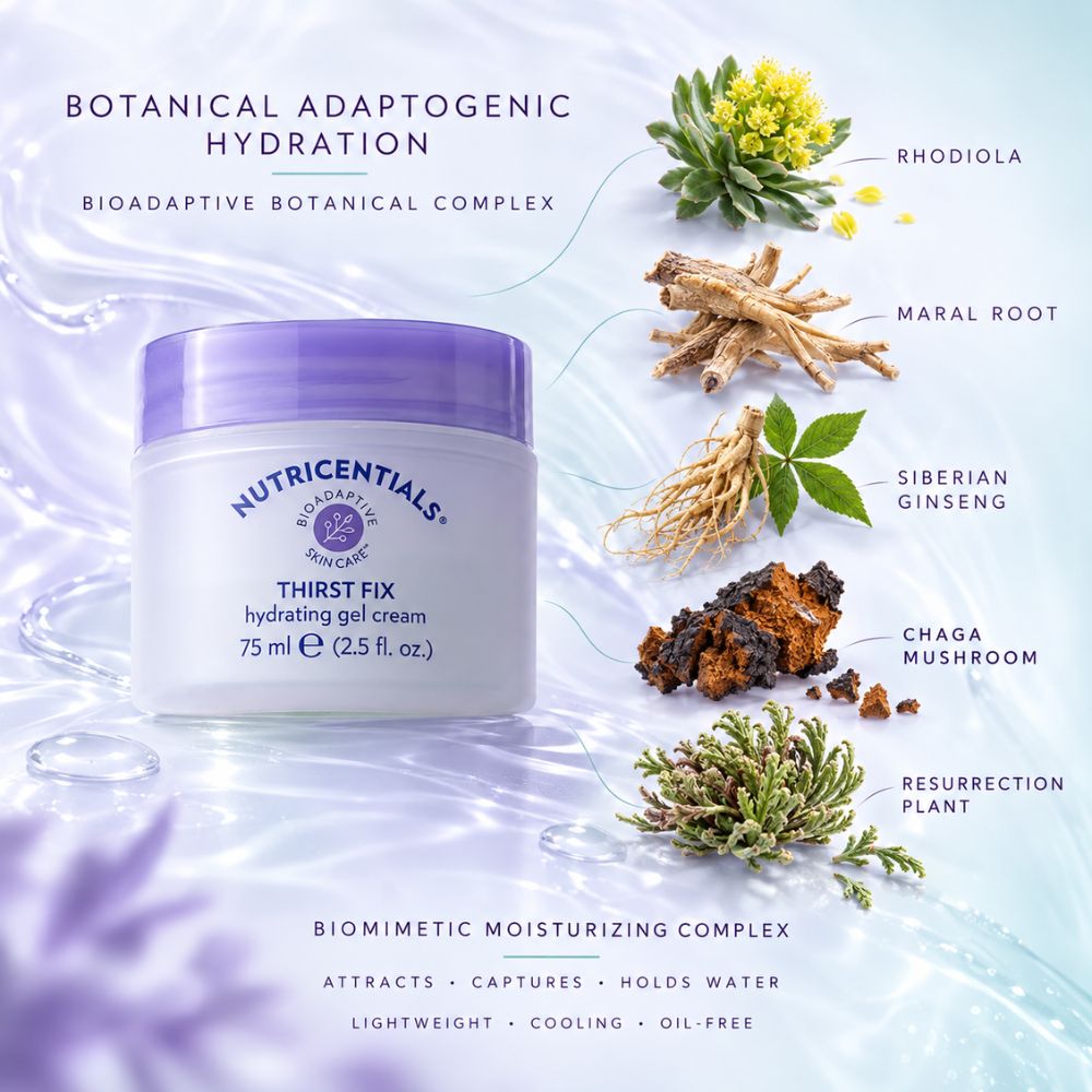 Nutricentials Thirst Fix hydrating gel cream jar with a purple lid, surrounded by botanical ingredient callouts including rhodiola, maral root, Siberian ginseng, chaga mushroom, and resurrection plant on a light purple liquid background.