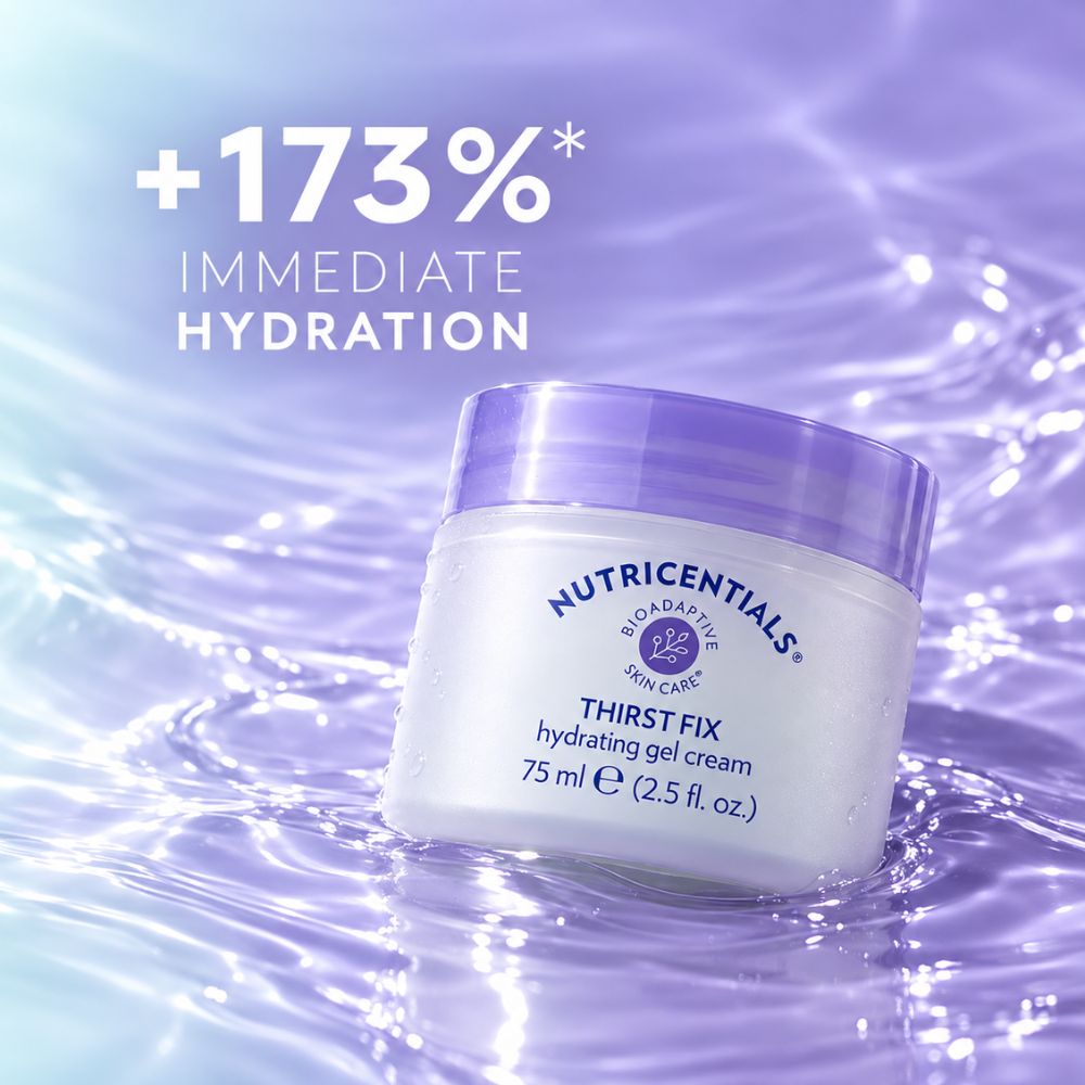 Nutricentials Thirst Fix hydrating gel cream in a 75 ml jar, set against a shimmering purple water background with text reading '+173% IMMEDIATE HYDRATION'.