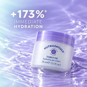 Nutricentials Thirst Fix hydrating gel cream in a 75 ml jar, set against a shimmering purple water background with text reading '+173% IMMEDIATE HYDRATION'.