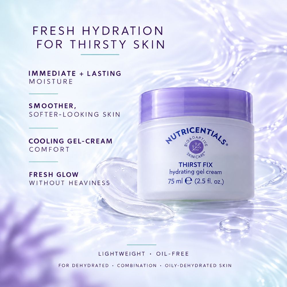 Nutricentials Thirst Fix hydrating gel cream jar with a purple lid, set against a light purple water splash background with product benefits text on the left.
