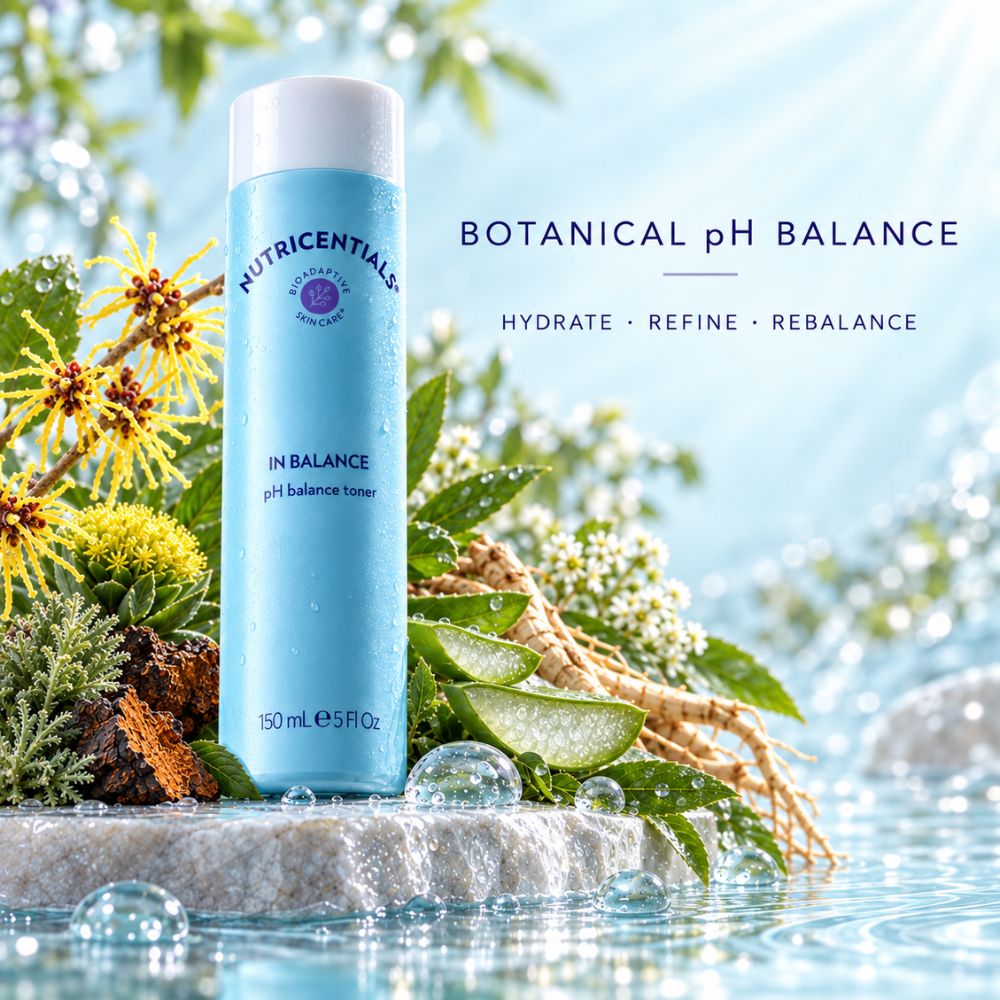 A light blue bottle of Nutricentials pH Balance Toner stands on a stone surface in a water setting with botanical elements like green leaves, yellow flowers, and aloe vera. Text on the image reads 'BOTANICAL pH BALANCE' and 'HYDRATE • REFINE • REBALANCE'.