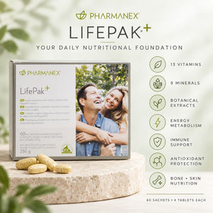Pharmanex LifePak+ dietary supplement box displayed on a stone pedestal with loose tablets, alongside product claims and icons on a soft green background.