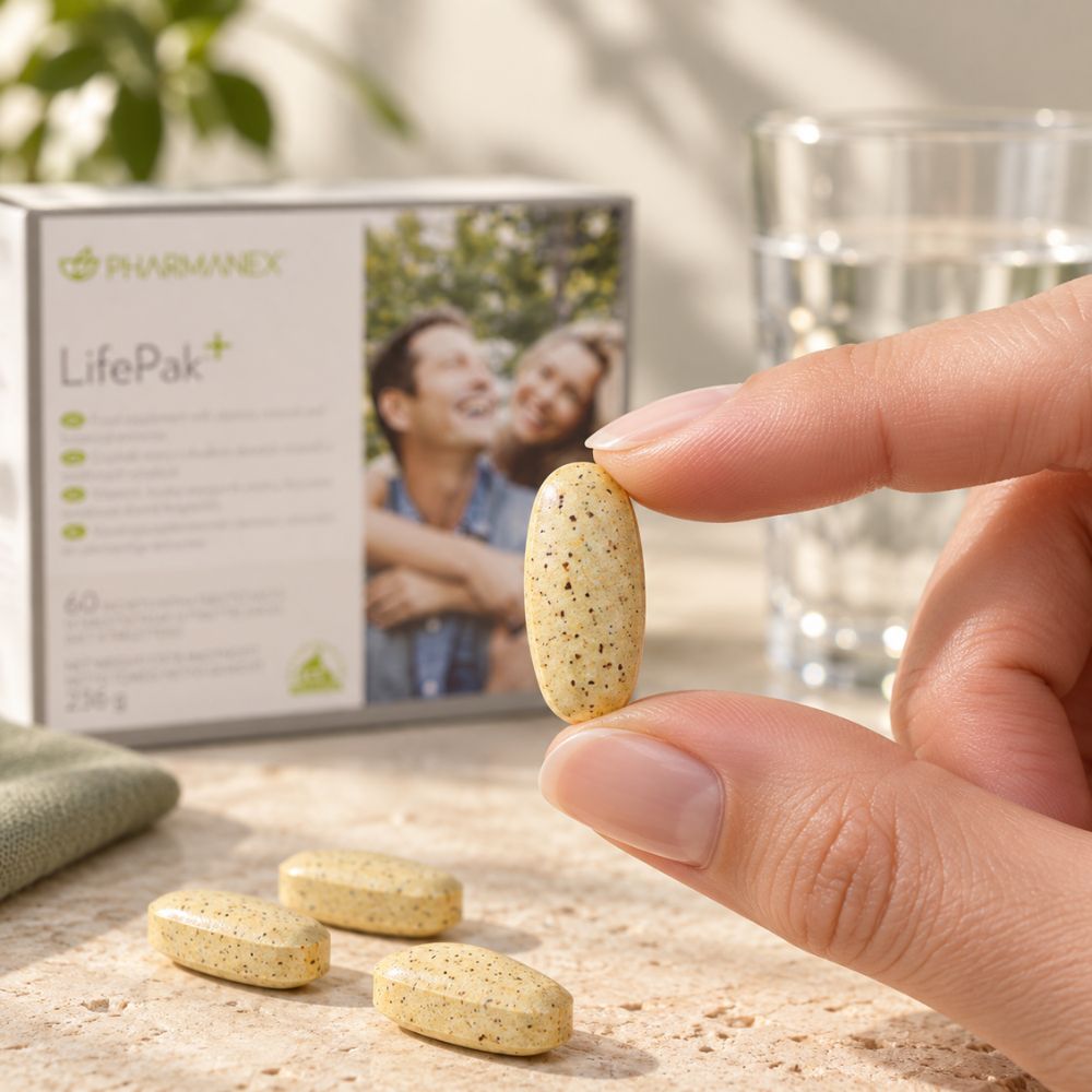 A hand holds a beige speckled supplement tablet in front of a blurred PHARMANEX LifePak+ box, with two more tablets on a light stone surface and a glass of water in the background.