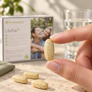 A hand holds a beige speckled supplement tablet in front of a blurred PHARMANEX LifePak+ box, with two more tablets on a light stone surface and a glass of water in the background.