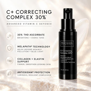 Revision Skincare C+ Correcting Complex 30% serum in a black pump bottle, displayed on a light marble surface with product benefits listed on the left against a soft cream background.