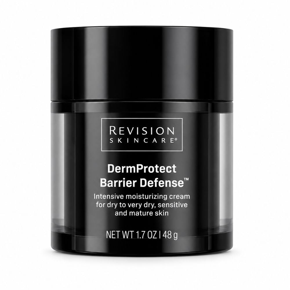 Revision Skincare DermProtect Barrier Defense moisturizing cream in a black jar with a black lid, shown on a plain white background. Shop Revision Skincare UK.