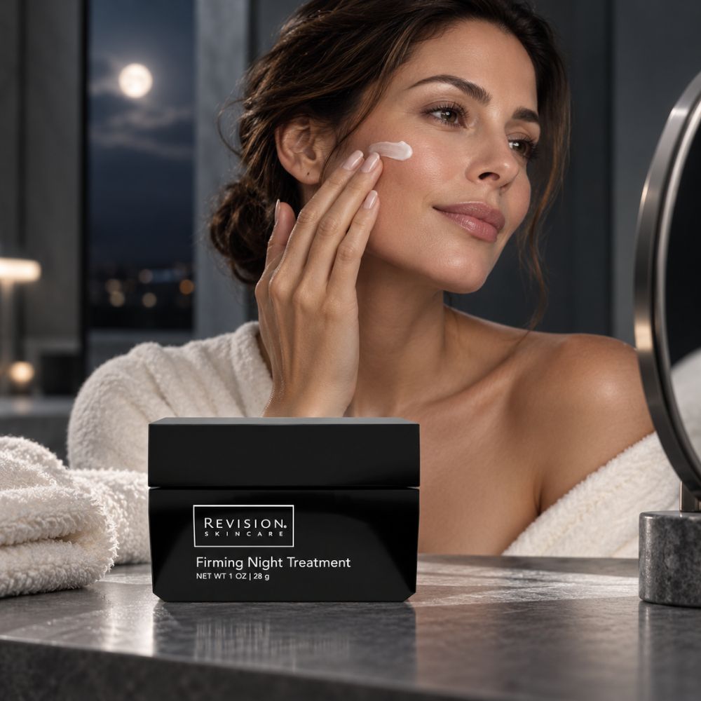 A woman in a white robe applies cream to her cheek while looking into a mirror, with a black Revision Skincare jar labeled 'Firming Night Treatment' on a bathroom counter in the foreground.