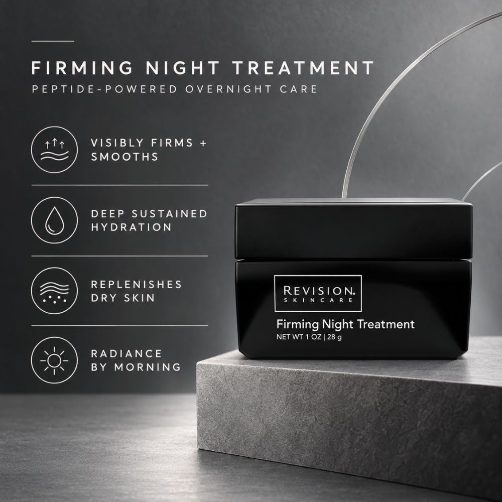 Revision Skincare Firming Night Treatment jar in a matte black container, displayed on a gray pedestal against a dark gray background with marketing text and icons on the left.
