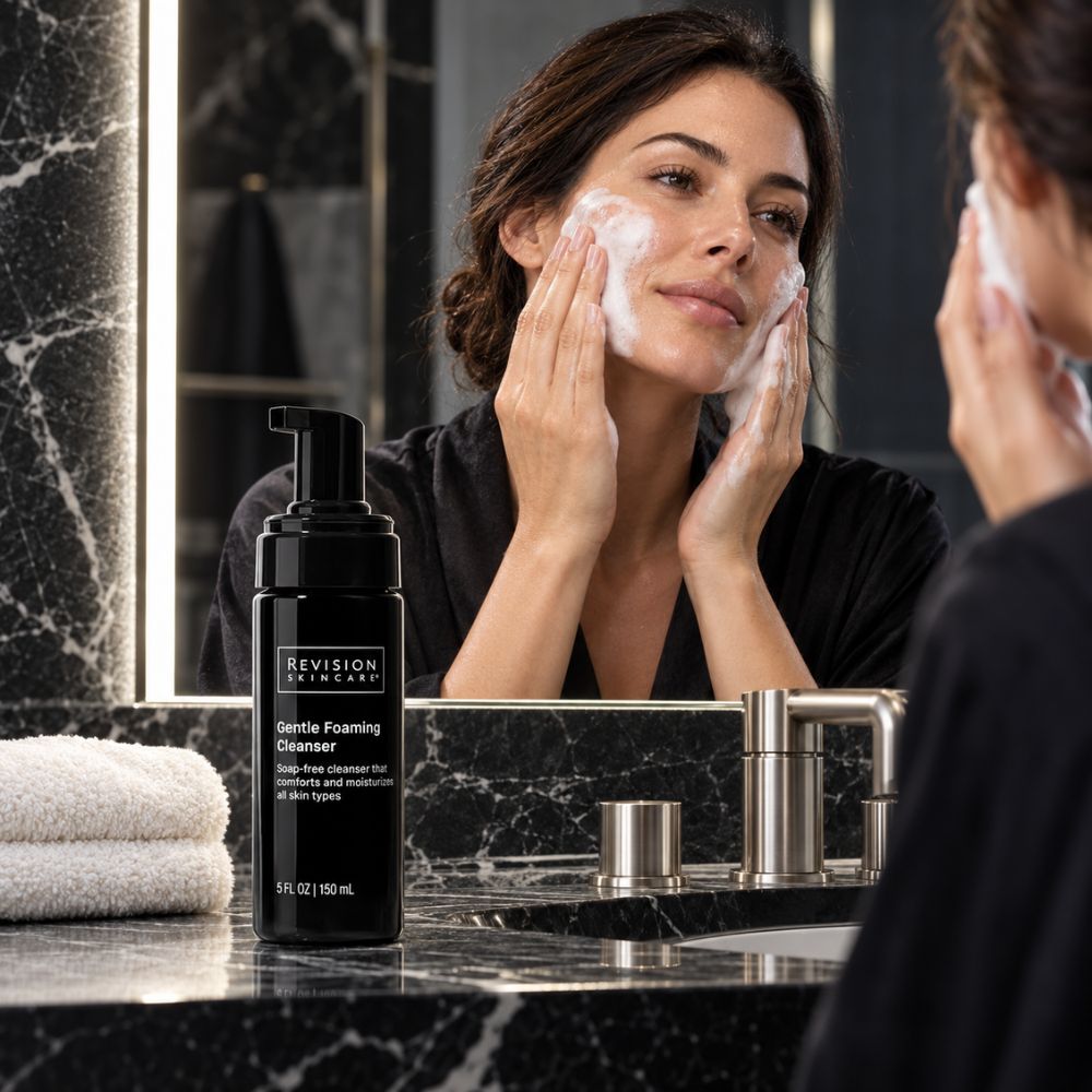 A woman applies foaming cleanser to her face while looking into a mirror in a modern bathroom. A black bottle of Revision Skincare Gentle Foaming Cleanser sits on the marble countertop beside a folded white towel.
