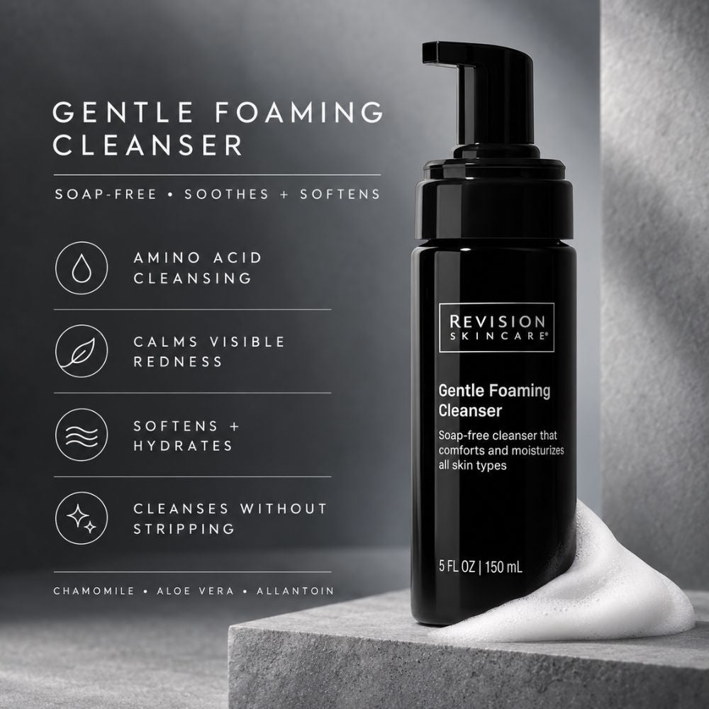 Revision Skincare Gentle Foaming Cleanser in a black pump bottle, shown next to a white foam swirl on a gray stone pedestal with product benefits listed on the left.
