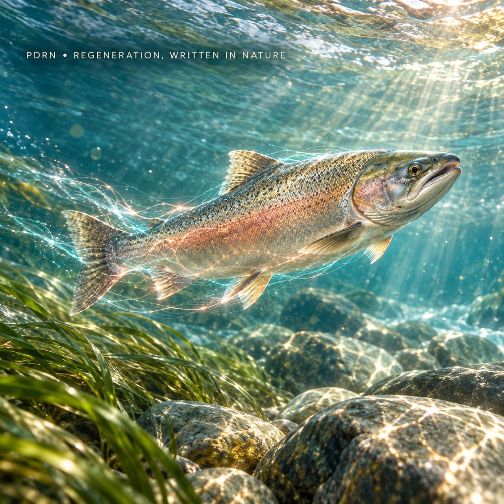 Underwater photograph of a salmon swimming above rocks and aquatic plants in clear blue water with sunbeams filtering through the surface. Small white text at the top reads 'PDRN • REGENERATION, WRITTEN IN NATURE'.