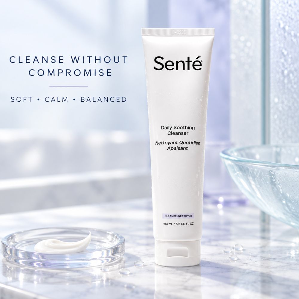 A white squeeze tube of Sente Daily Soothing Cleanser stands on a light marble surface with a small dish of cream and a glass bowl in a softly blurred bathroom-like setting. Text on the left reads 'CLEANSE WITHOUT COMPROMISE' and 'SOFT • CALM • BALANCED'.