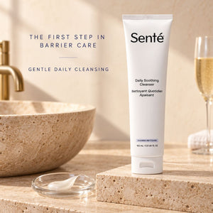 A tube of Sénte Daily Soothing Cleanser stands on a stone slab beside a stone bowl, faucet, and a glass of champagne, with marketing text on the left.