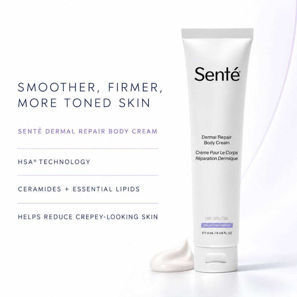 A white squeeze tube of Senté Dermal Repair Body Cream stands on a white surface with a small dollop of cream in front. Text on the left reads 'SMOOTHER, FIRMER, MORE TONED SKIN' and lists product benefits, including HSA technology and ceramides plus essential lipids.