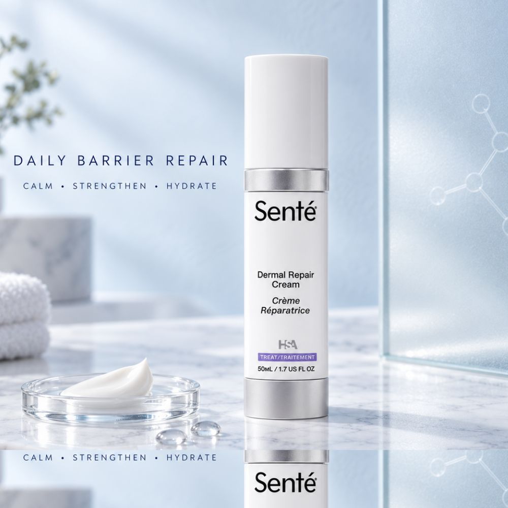 Sente Dermal Repair Cream on a reflective marble surface with a small dish of white cream and a soft blue studio background. Text on the image reads 'DAILY BARRIER REPAIR' and 'CALM • STRENGTHEN • HYDRATE'.
