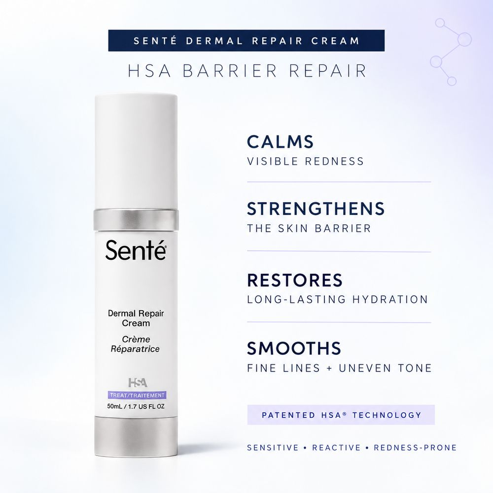 Sente Dermal Repair Cream bottle on a light blue-white gradient background with product benefits listed on the right. The bottle is white with a silver cap and silver band, labeled 'Sente' and 'HSA Barrier Repair'.