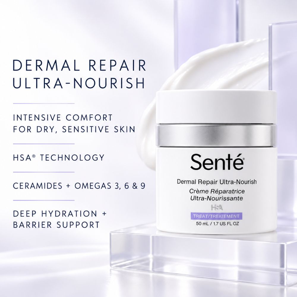 Sente Dermal Repair Ultra-Nourish treatment cream jar on a clear acrylic stand with promotional text on the left, set against a soft white and lavender studio background.