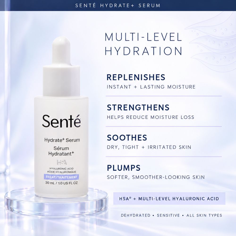 Sénté Hydrate+ Serum bottle displayed on a clear acrylic stand against a light blue gradient background with product benefits text.