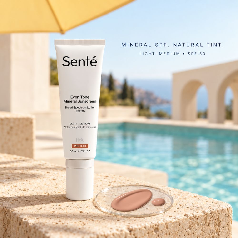 A tube of Sente Even Tone Mineral Sunscreen SPF 30 stands on a stone ledge beside a small dish of the product's tinted cream, with a swimming pool and outdoor patio in the blurred background. Text on the image reads 'MINERAL SPF.