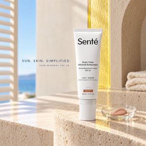 A tube of Sénté Even Tone Mineral Sunscreen SPF 30 stands on a beige stone surface in a bright, sunlit setting with architectural lines and a small dish of lotion beside it.