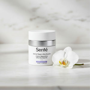 A white jar of Sénté Dermal Repair Ultra-Nourish cream with a silver band, placed on a light marble surface next to a white orchid flower.